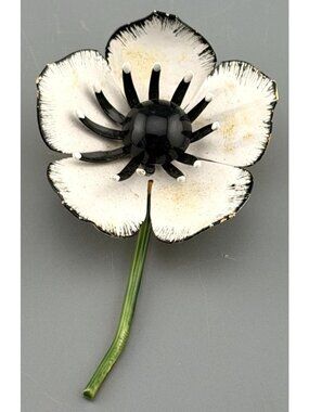 Vintage Brooch Original by Robert Flower White Enamel Black Center Stem Pin 3”